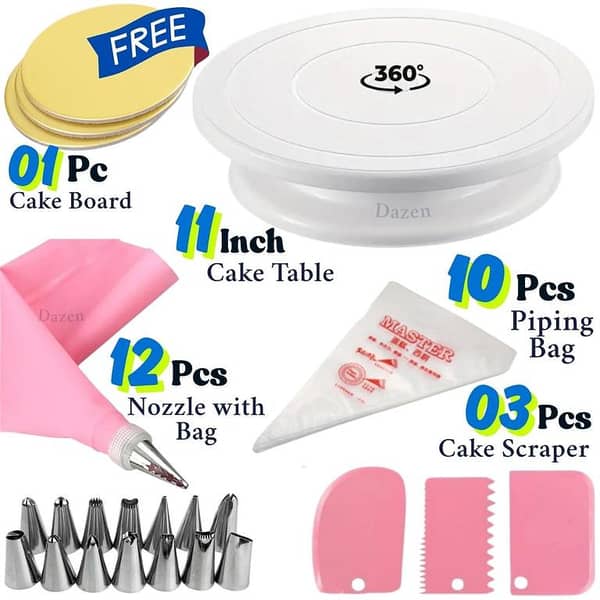 Cake Rotating Turntable 28cm & 12Pcs Cake Decorating Small Nozzles Set & 10Pcs Disposable Piping Bags & 3Pcs Cake Creem icing Scraper Set & Gift