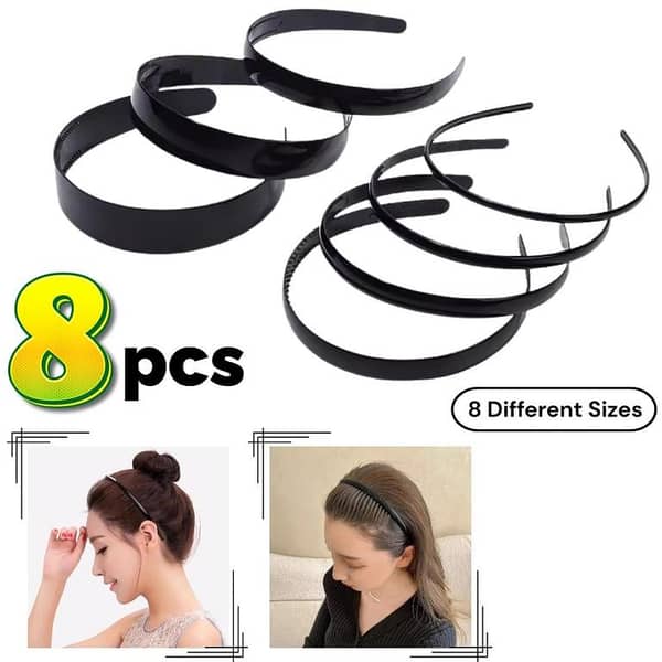 8-Piece Solid Black Women’s Plastic Headbands - Casual Hair Accessories for Girls