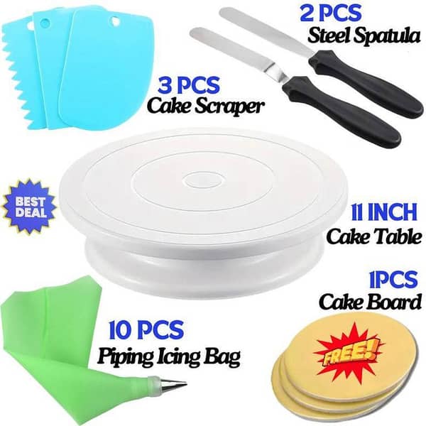 11 inch High quality Rotating Cake Turntable, 3PCs Cake Cream icing Scraper Set, 2PCs Stainless Steel Cake Utensils Spatula Set , 10PCs Disposable Piping Bags, 1PCs cake board cake decorating supplies turn table # Free Cake Board