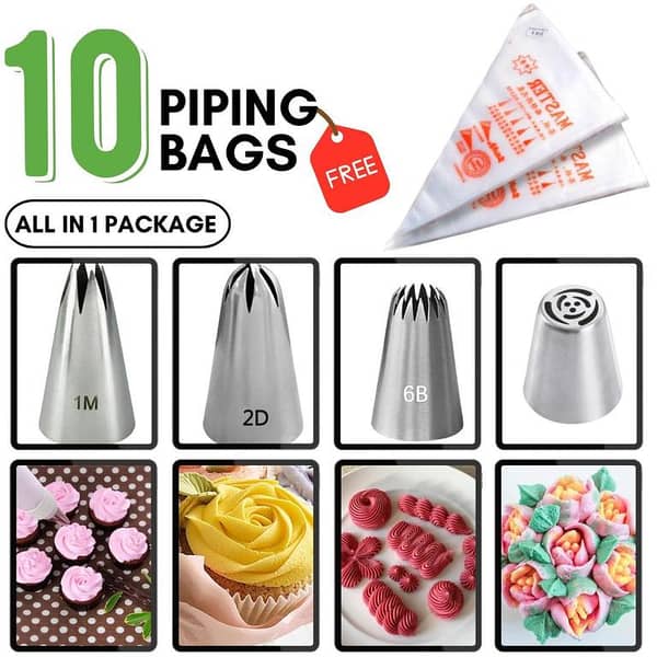 1M Nozzles 2D Nozzles 6B Nozzles & Russian Nozzles Free 10PCs Piping Bag , Icing Piping Pastry Nozzles For Cakes Fondant Decor Confectionery Flower Cream Nozzle Kitchen Gadgets