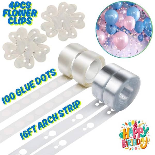 16 Feet Balloon Arch Tape with 100 Removable Glue Dots and Flower Clips for Birthday and Engagement Decorations
