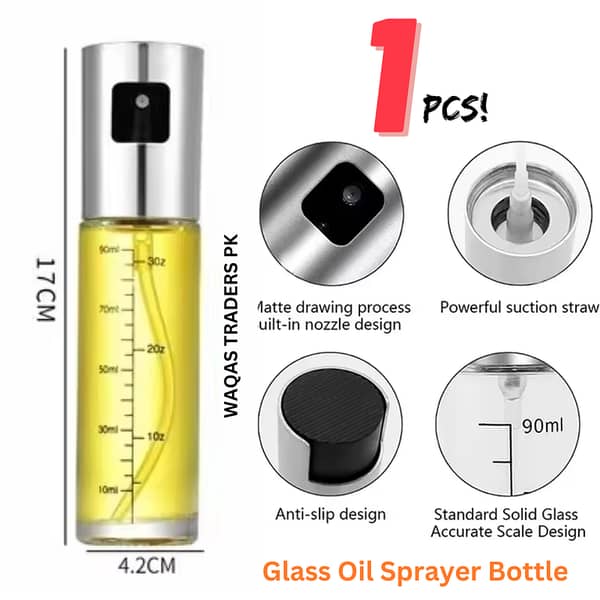 Stainless Steel Transparent Glass Oil Spray Bottle – Refillable Olive Oil & Vinegar Mister for Cooking, BBQ & Air Frying