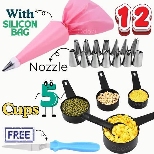 12PCS Stainless Steel Nozzle & 1PCs Silicon Bag With 1PCs Coupler & 5pcs Kitchen Measuring Cups Scales Teaspoon Coffee Sugar Scoop Cake Baking Cake Decorating Tools