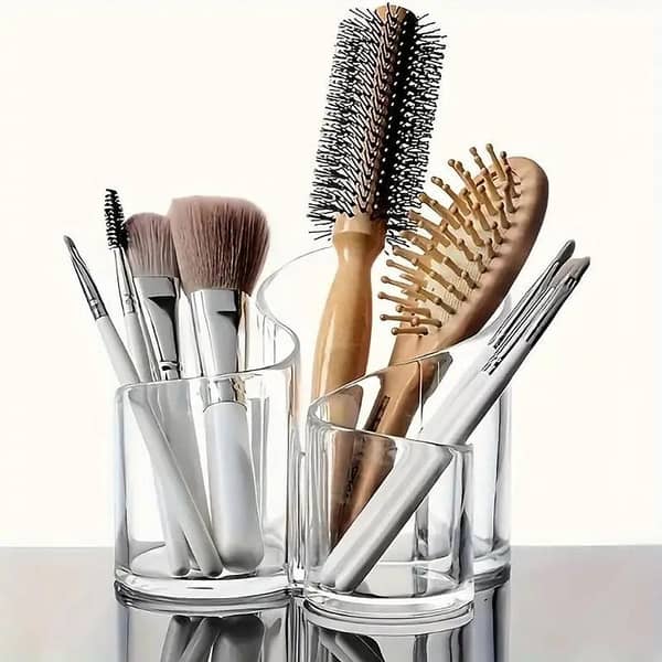 Curved Acrylic Makeup Brush Organizer with 3 Compartments - Display Case for Brushes, Lipsticks, and Beauty Tools