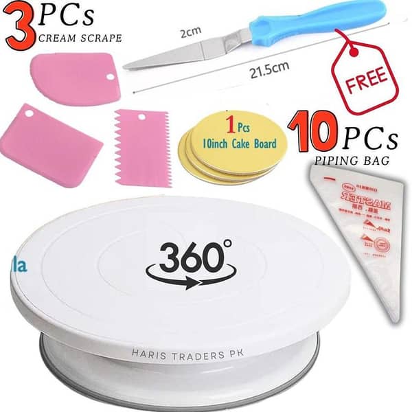 11 inch Rotating Cake Turntable, 3Pcs Cake Cream Scraper Spatula Set, 10Pcs Disposable Piping Bags, 1pc Cake Bord Base Baking Accessories