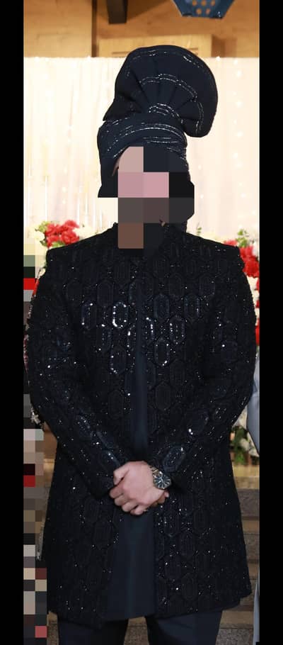 Black open gown Sherwani Full Embroidered