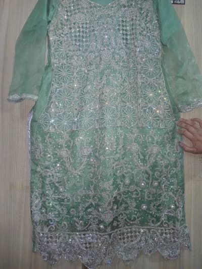 3 piece green colour elegant long shirt with trouser and dupatta