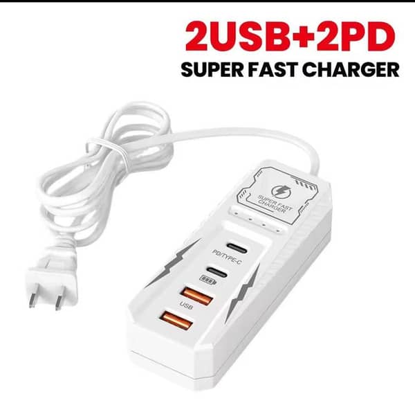 Multi-Functional 4-Port Power Strip Charger Station | 2 USB + 2 Type-C PD Fast Charging Extension Electrical Socket