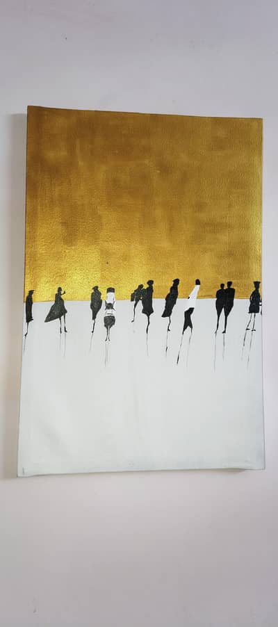 Handmade Abstract Figurative Painting Gold & Black Minimal Art (18×12)