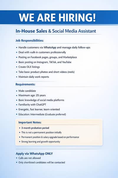 (Male) Sales & Social Media Assistant Required