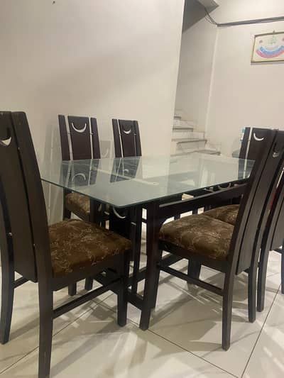 6 Seater Dining Table | Glass Top | Wooden Chairs
