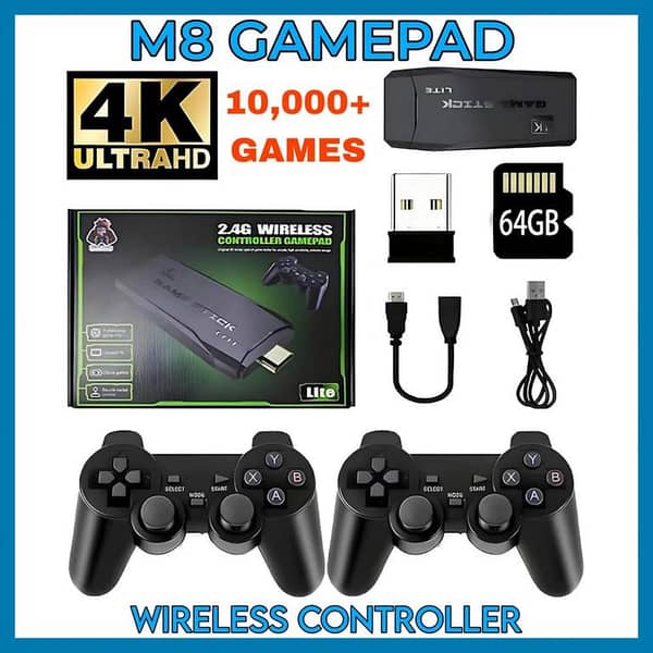 Original M8 Wireless Retro Game Console With 64GB TF Card Plug and Play Video Game Stick Built-in 20000+ Games | 4K High Definition HDMI Output | Dual 2.4GHz Wireless Controllers | Plug and Play Gaming Stick