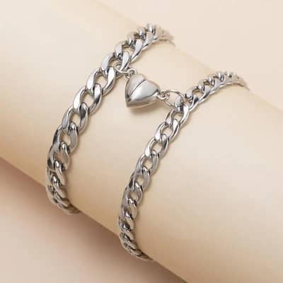 Silver And Gold-plated Magnet Heart Design Couple's Bracelet  2pcs