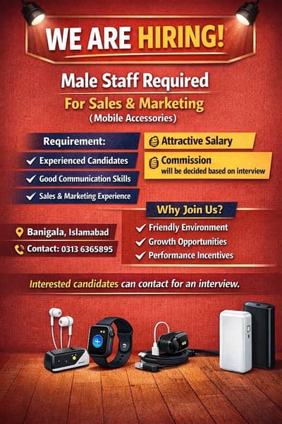We are hiring experienced male for  sales and marketing