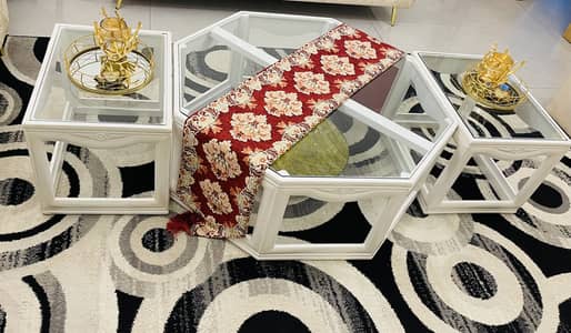 3-peice Modern White Geometric Coffee Table with Glass tops