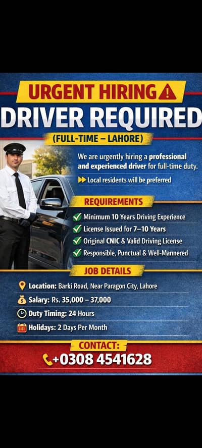 Urgent Hiring – Full-Time Driver Required in Lahore