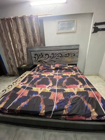 King size bed set with 2 side tables and mattress also1 dressing table