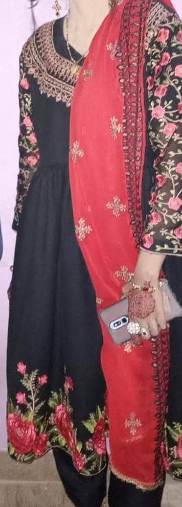 Black Embroidered Suit with Red Dupatta – Party Wear