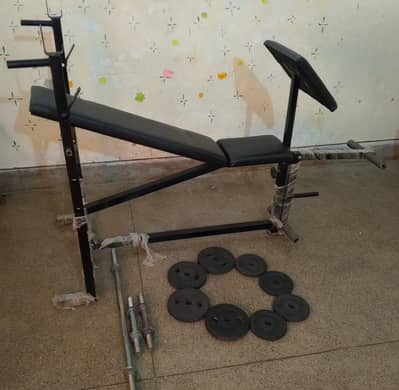 7 in 1 gym bench with dumbbells and barbell and weight plates for sale