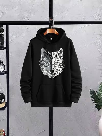 Men's Black Printed Fleece Hoodie Track Suit - 2 Pcs , Wolf