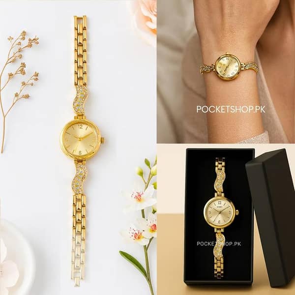 Girl's Golden Wrist Watch with Diamond-Studded Bracelet | Stylish Timepiece for Ladies