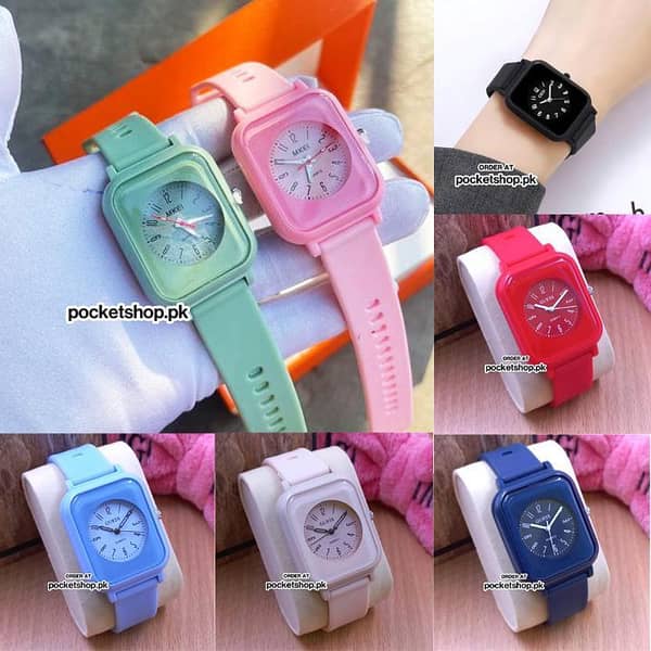 Silicon Watch for Girls with Soft Strap in Aesthetic Colors - Square Case and Round Dial