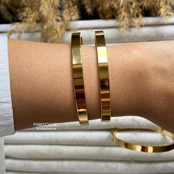 Set of 2 Minimalist Flat Golden Bangles for Women and Girls - Stackable Bracelets Available in All Sizes