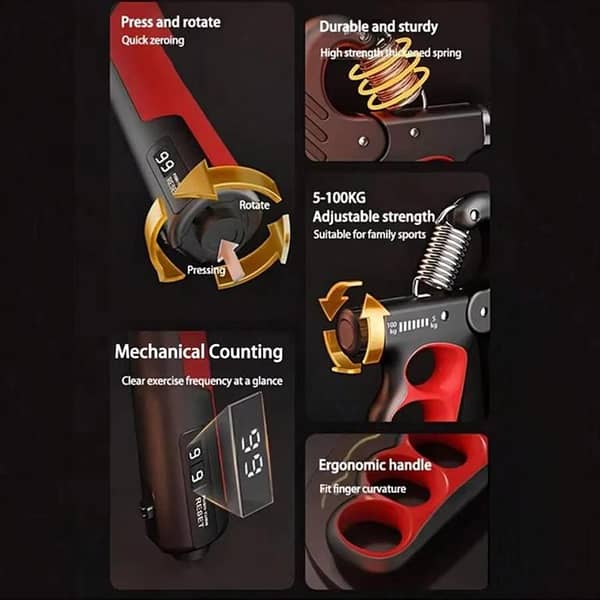 RXN  Premium Quality Hand Gripper With Rubber Grip Adjustable Resistance Automatic Counting Non-Slip Hand Grip Strength Trainer Fingers Wrist Forearm Exerciser Workout Gear Home Gym Exercise Equipment Design By Zivora. Pk
