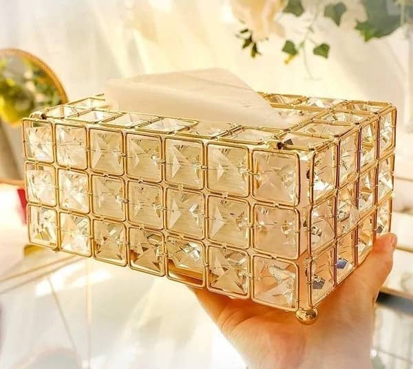 RN Fancy Golden Tissue Box with Crystal Stones for Vanity, Dresser, and Home Decor (Gold)