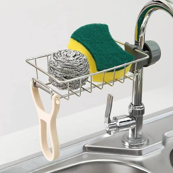 Adjustable Height Hanging Faucet Rack - Flexible and Rotatable Sink Drain Holder for Soap, Sponges, and Brushes