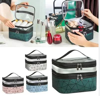 RN Foldable Double Layer Zipper Makeup Bag - Clear Travel Cosmetic Storage Case for Women