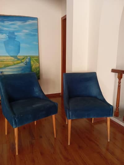 Set of Elegant Blue Suede Chairs – Solid Wooden Legs