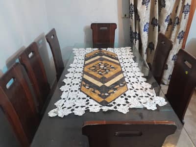 Elegant Glass Top 6-Seater Dining Table – Solid Wooden Chairs