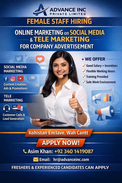 Female Staff Required for online marketing & Tele Marketing wah cantt