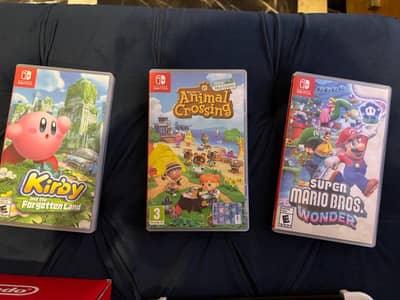 Nintendo Switch games (Mario, Kirby, Animal Crossing)