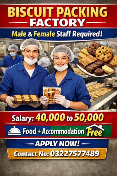Buiscuit packing job male female staff require morning + night shift
