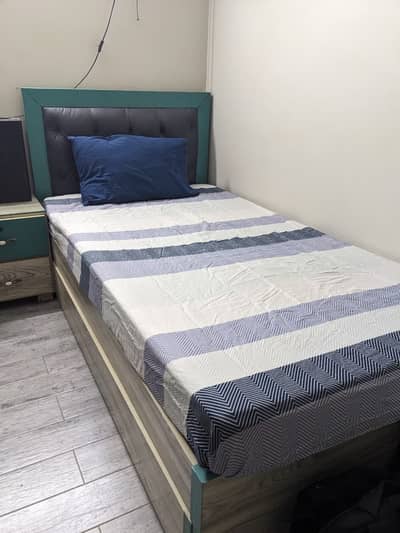 Single Bed Set - 1 Bed with Mattress, sidetable, 2 Cupboards, 1 table