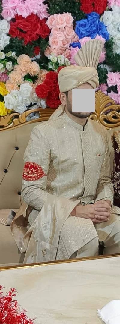 Peach Color Sherwani with matching Kulla Khussa Kurta Pajama