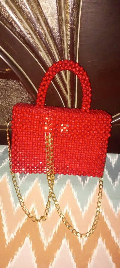 Red Handmade Beaded Ladies Handbag with Chain Strap