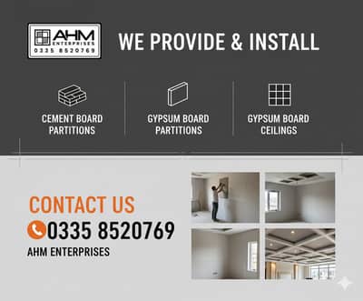 Cement board partitions, gypsum board partitions, gypsum ceilings,