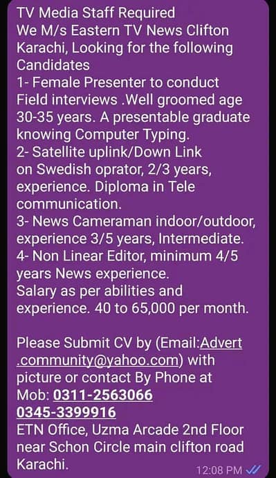 Female presenter,Cameraman,Non linear editor,Satellite operator