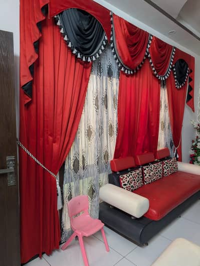 seven seater sofa set center table and curtains