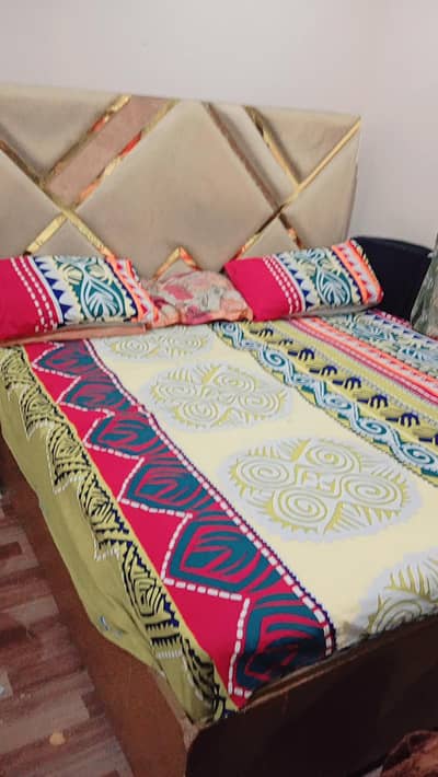 king size bed with teo side tables + 5 seater sofa set with table . .