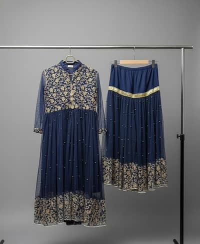 Elegant 3-Piece Navy Blue Embroidered Dress with Gharara