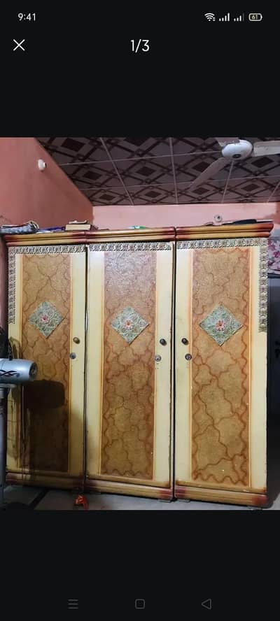 king size bed with mattress side tables  3 door almari  dressing table