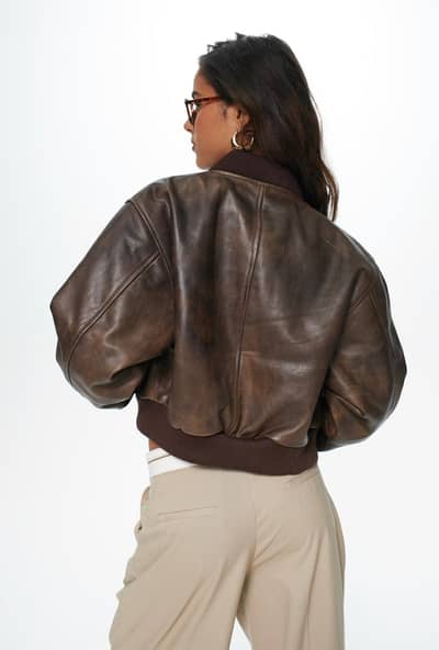 Bombi Vintage Brown Cropped Leather Bomber Jacket