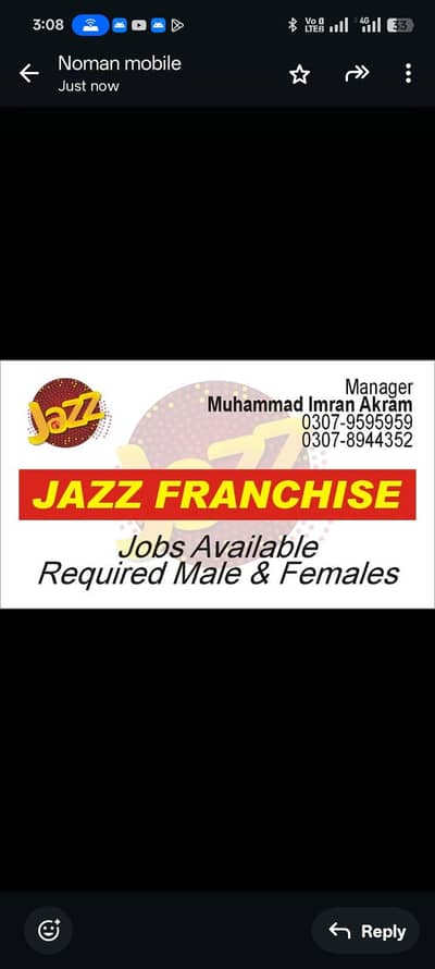 Jazz Franchise per job k leay larko or larkio ki zarorat hai