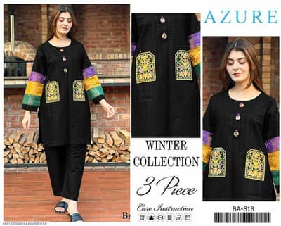 Azure Dhanak 3-Piece Embroidered Suit with Wool Shawl