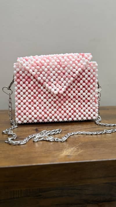 Handmade Beaded Women’s Crossbody Bag – Pink & White
