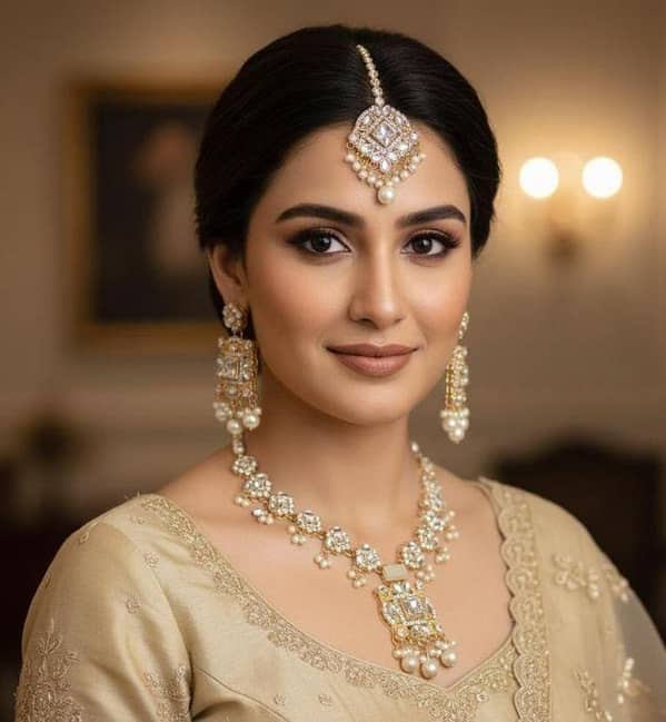 Luxury Real Stone Work Bridal Necklace Set with Earrings & Maang Tikka